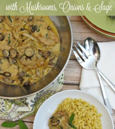 Pork Cutlets with Mushrooms, Onions, and Sage- This frugal recipe pairs pork cutlets with flavorful ingredients in a creamy sauce. Enjoy over pasta or rice.