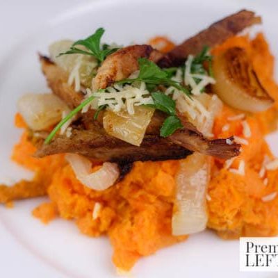 Savory Sweet Potatoes with Pork- Here is a delicious way to use leftover pork roast. Pair it with sweet potatoes and onion to make this quick and easy meal.