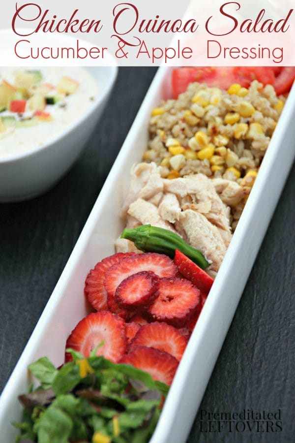 Chicken Quinoa Salad- This healthy salad recipe combines fruit, vegetables chicken, and quinoa. It's topped with homemade Cucumber and Apple Salad Dressing.