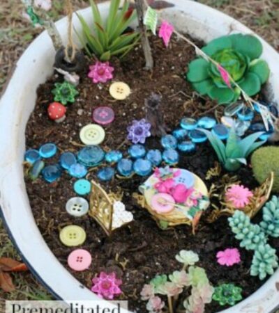 Tea Party Fairy Garden- Relive all the wonder and magic of fairies with this tea party themed fairy garden. This frugal project is fun for kids or adults!