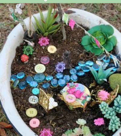 Tea Party Fairy Garden- Relive all the wonder and magic of fairies with this tea party themed fairy garden. This frugal project is fun for kids or adults!