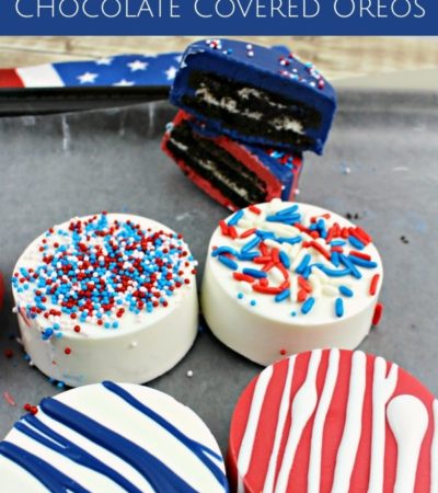 Patriotic White Chocolate Covered Oreos- Red, white, and blue chocolate give these Oreos a patriotic touch. Serve them for Memorial Day or the 4th of July!