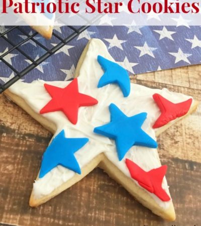 Patriotic Star Cookies- Here's a festive dessert recipe for July 4th! These sugar cookies are decorated in red, white, and blue buttercream and fondant.