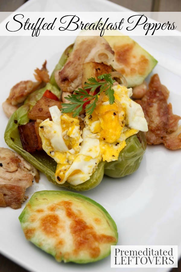 Stuffed Breakfast Peppers- Use leftovers to make this delicious breakfast recipe. Green peppers are loaded with eggs, veggies, potatoes, and chicken.