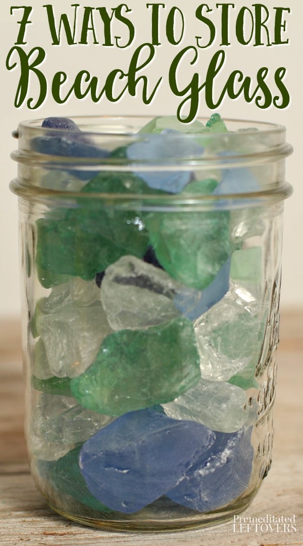 Pieces of colored beach glass in a mason jar.