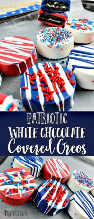 red, white, and blue patriotic white chocolate covered oreo cookies topped with sprinkles