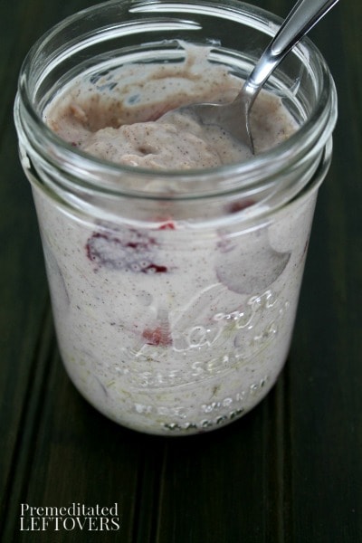 Strawberry Rhubarb Overnight Oatmeal - stir well and serve cold