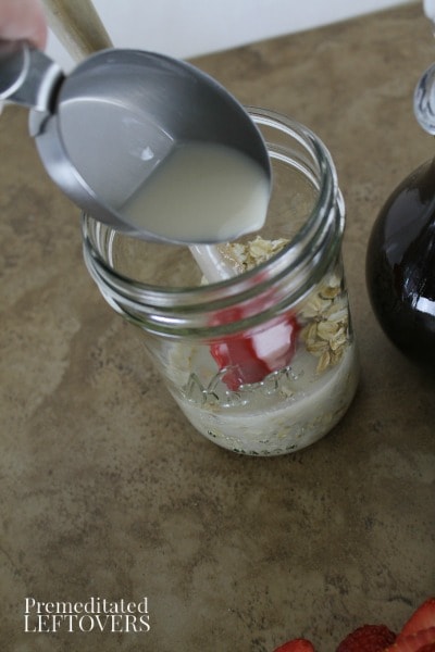 Strawberry Sundae Overnight Oatmeal - add almond milk to the oats