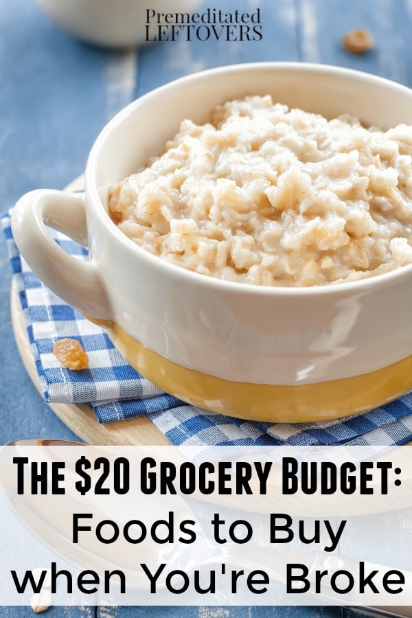 The $20 Grocery Budget- Here is a list of low-cost foods that you can buy to make quality meals, along with tips on how to stretch a small food budget.