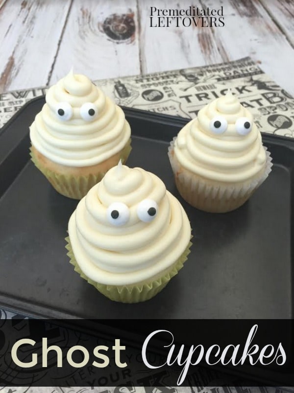 These Vanilla Ghost Cupcakes are an easy treat to make for Halloween parties. This recipe uses candy eyes and piped frosting to create a fun, spooky touch!