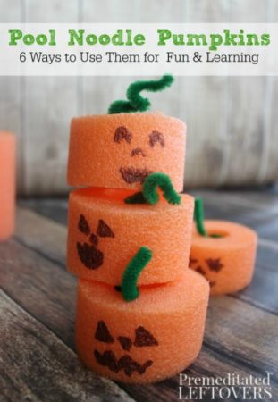 These Pool Noodle Pumpkins are an easy and frugal fall craft for kids. Pool Noodle Pumpkins can also be used for learning activities and imaginative play.