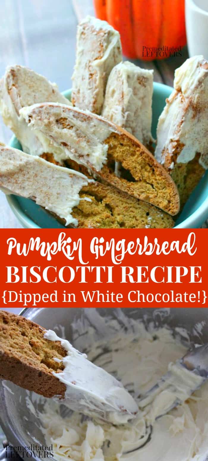 Pumpkin Gingerbread Biscotti Recipe dipped in white chocolate.