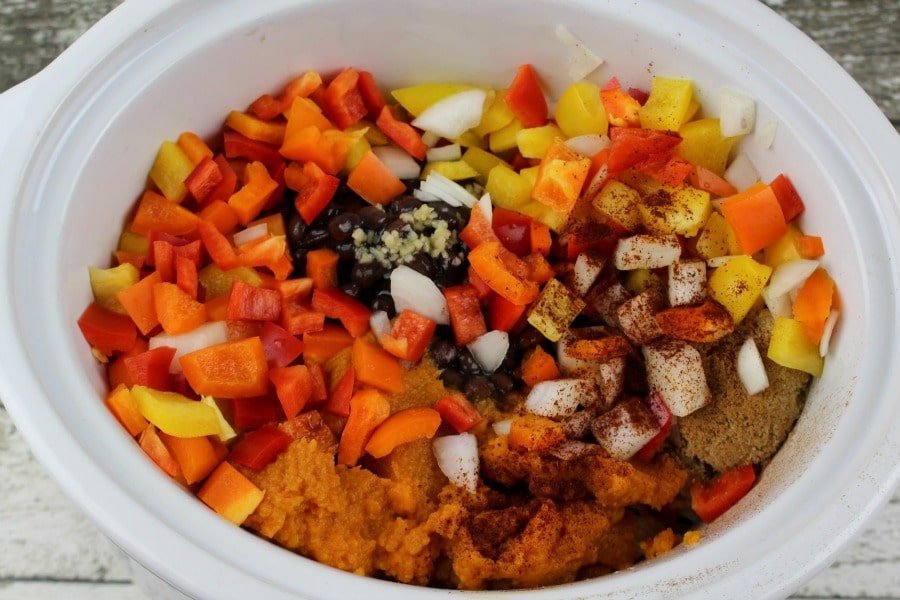 Crockpot Sweet Pumpkin Chili- add ingredients to your Crock-Pot or slow cooker.