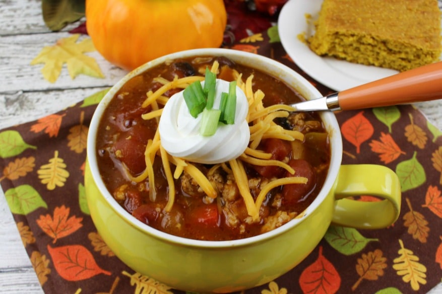 Easy Crock-pot Sweet Pumpkin Chili- bowl of chili. You will love this twist on traditional chili!