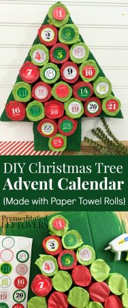 Christmas Tree Advent Calendar Tutorial - Made with upcycled paper towel rolls, card board, tissue paper, and calendar stickers