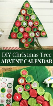 DIY Christmas Tree Advent Calendar made with cardboard tubes, tissue paper, and stickers.
