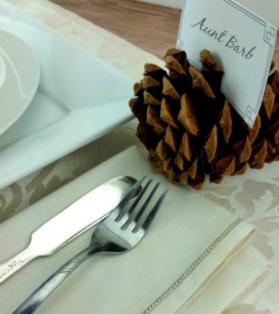 Mark your guests' seats with a DIY Pinecone Place Card Holder. This is a frugal fall or winter decoration you can make when you're short on time and money.