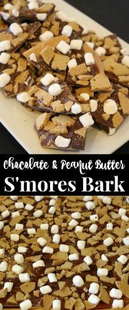 Chocolate and Peanut Butter S'mores Bark Recipe using chocolate chips and peanut butter baking chips marshmallows and graham crackers