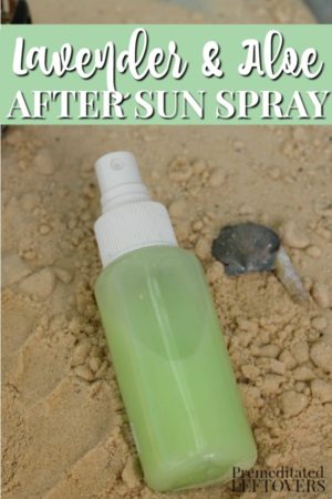 homemade after sun spray in a spray bottle resting on the sand