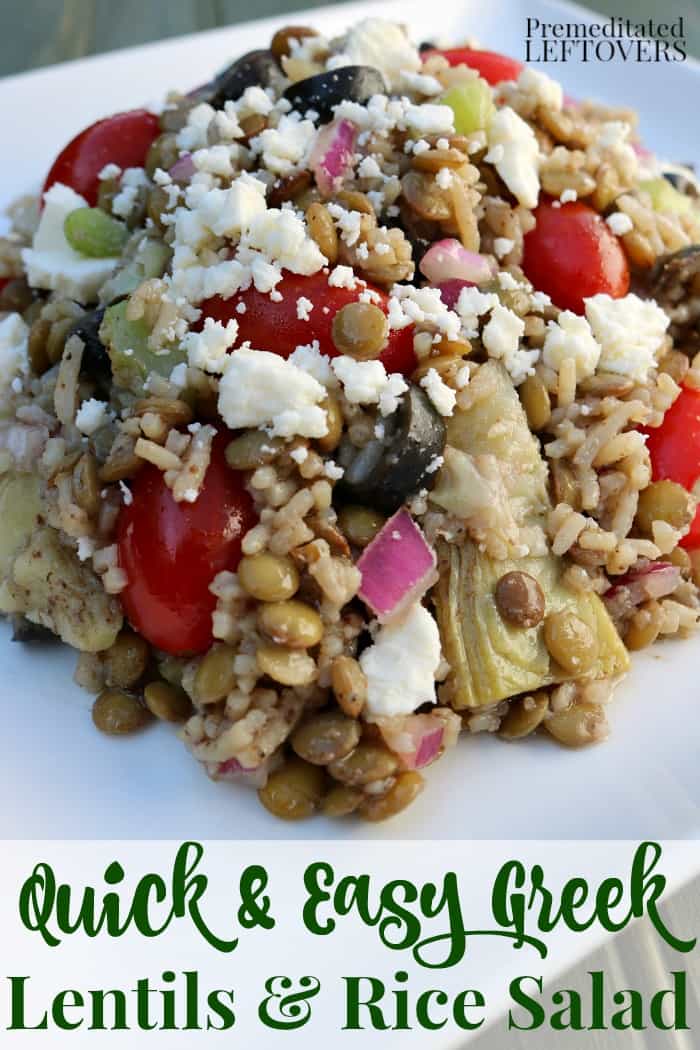 This easy Greek lentil and rice salad recipe makes a tasty side dish or a hearty make-ahead lunch recipe. The Greek salad includes artichoke hearts, olives, & tomatoes. Includes recipe for homemade Greek salad dressing.