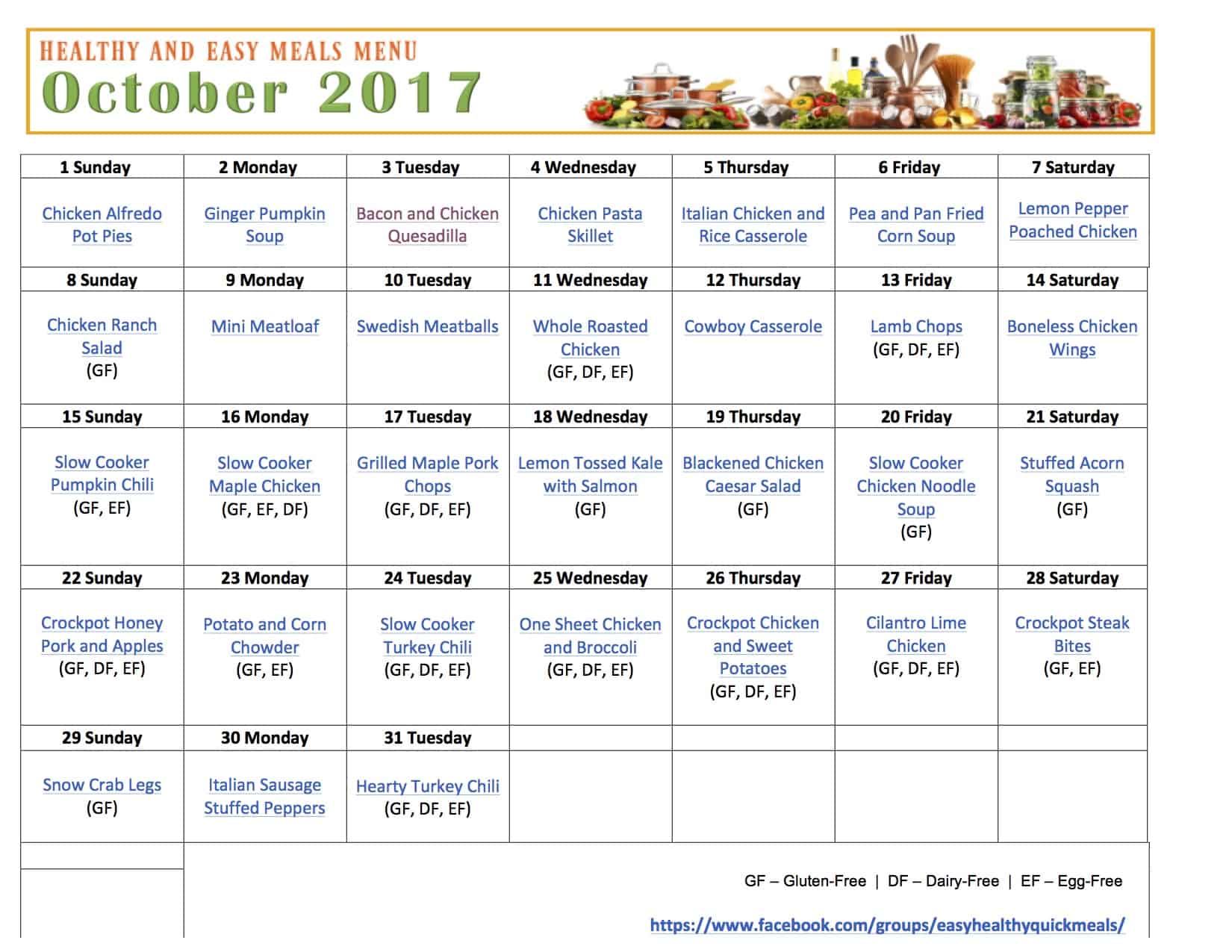 October Printable Menu Plan with 31 healthy dinner recipes