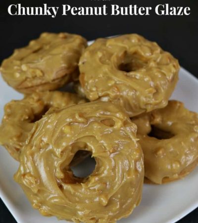 Peanut Butter Doughnuts Recipe with Chunky Peanut Butter Glaze on a white plate