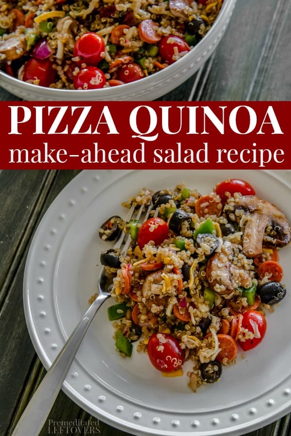 Pizza Quinoa Salad Recipe - served on a white plate with a bowl filled with the pizza salad to the side