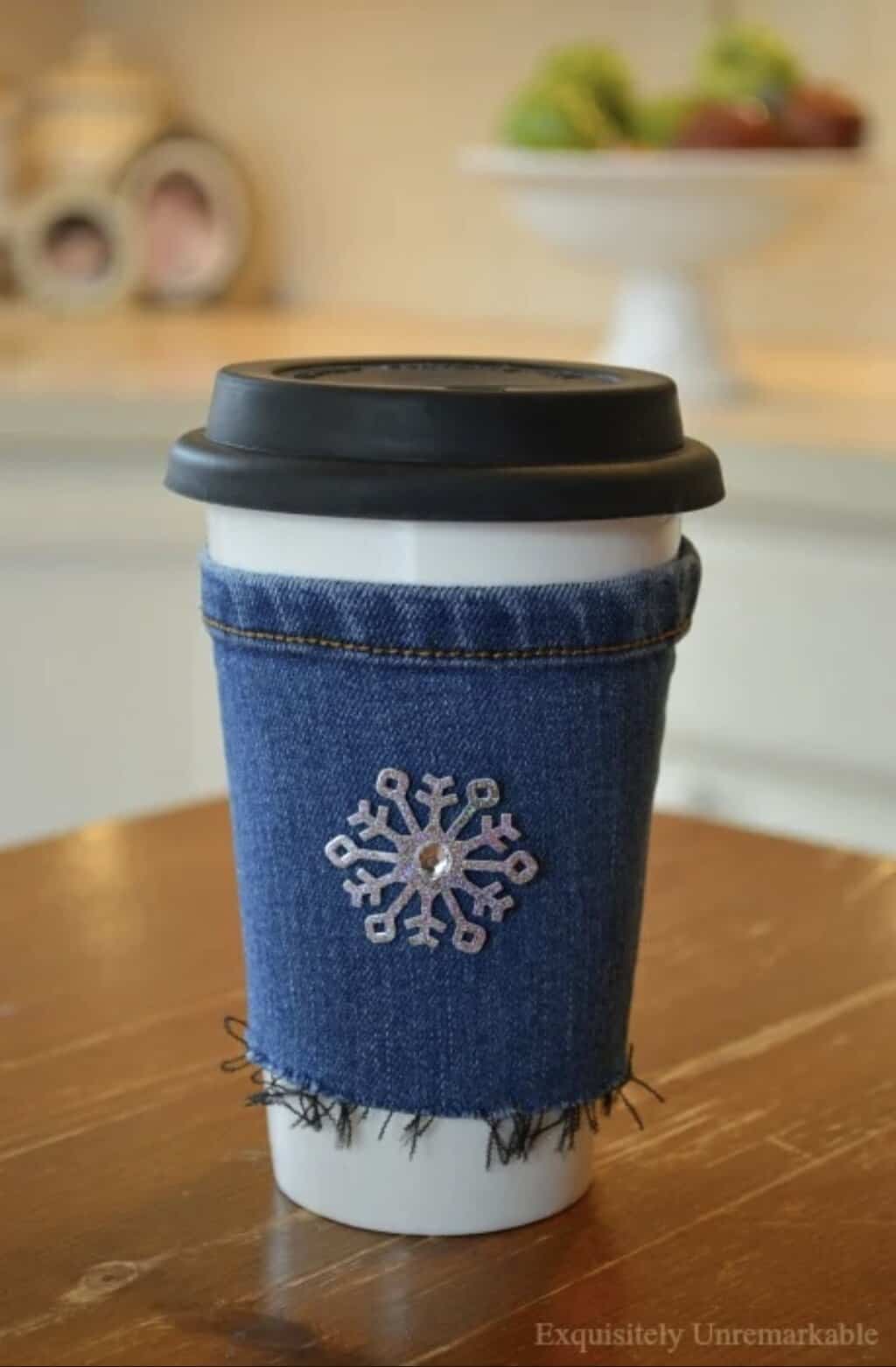 DIY denim beverage cozy made by Exquisitely Unremarkable