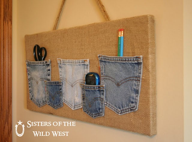 Burlap and Denim Pocket Wall Organizer Jeans Upcycle by Sisters of the Wild West