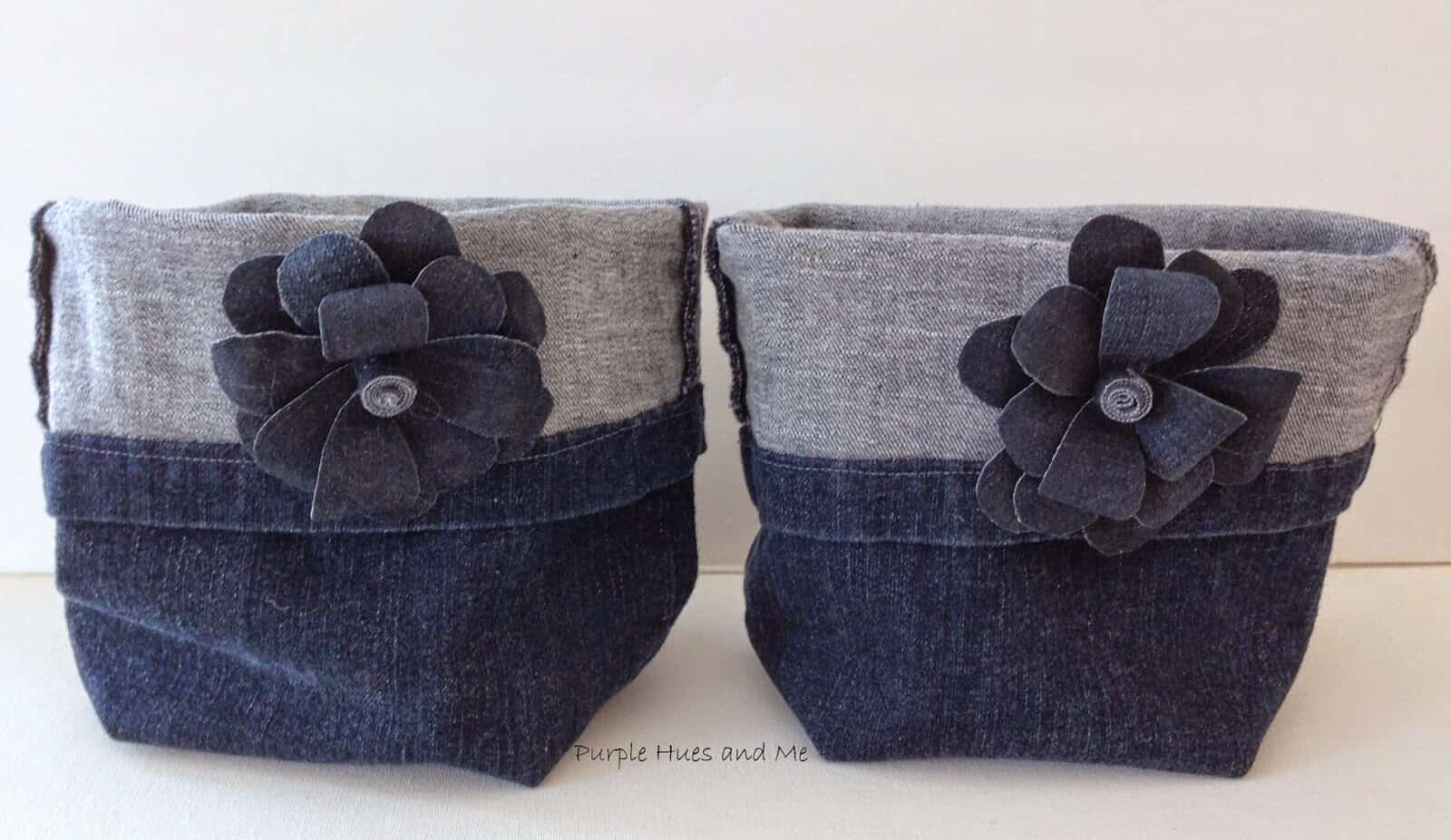 Hand sewn upcycled denim storage baskets with flower embellishments from Purple Hues and Me