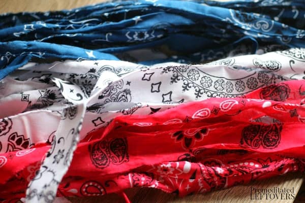 Torn bandanas to use as fabric strips to make rag balls.