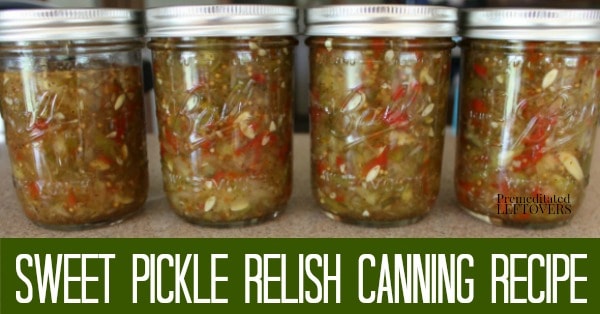 4 mason jars filled with this sweet pickle relish canning recipe.