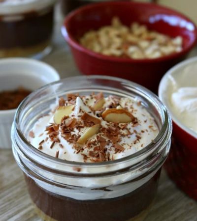 chocolate almond cheesecake in a jar