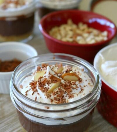 Chocolate almond cheese cake in a jar.