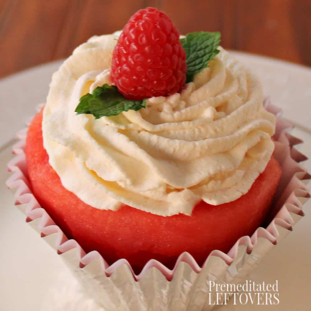 watermelon cupcakes with whipped cream frosting