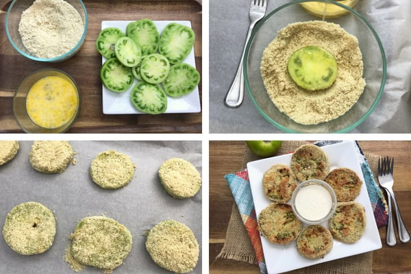 Step by step directions on how to make fried green tomatoes by baking them in the oven.
