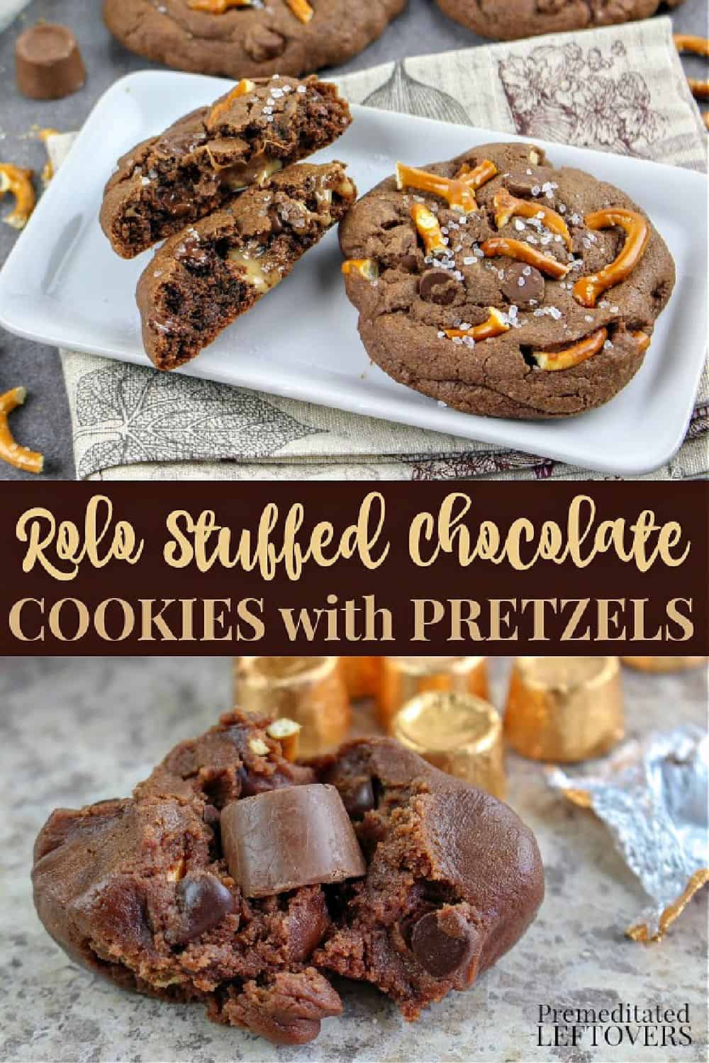 These Rolo stuffed chocolate cookies with pretzels are sure to become your new favorite cookies. What could be better than chocolate cookies with chocolate chips, caramel candies in the middle, and salty pretzels? This easy recipe is perfect to throw together for a party or just to satisfy chocolate cravings! Rolo Stuffed Chocolate Cookies with Pretzel pieces