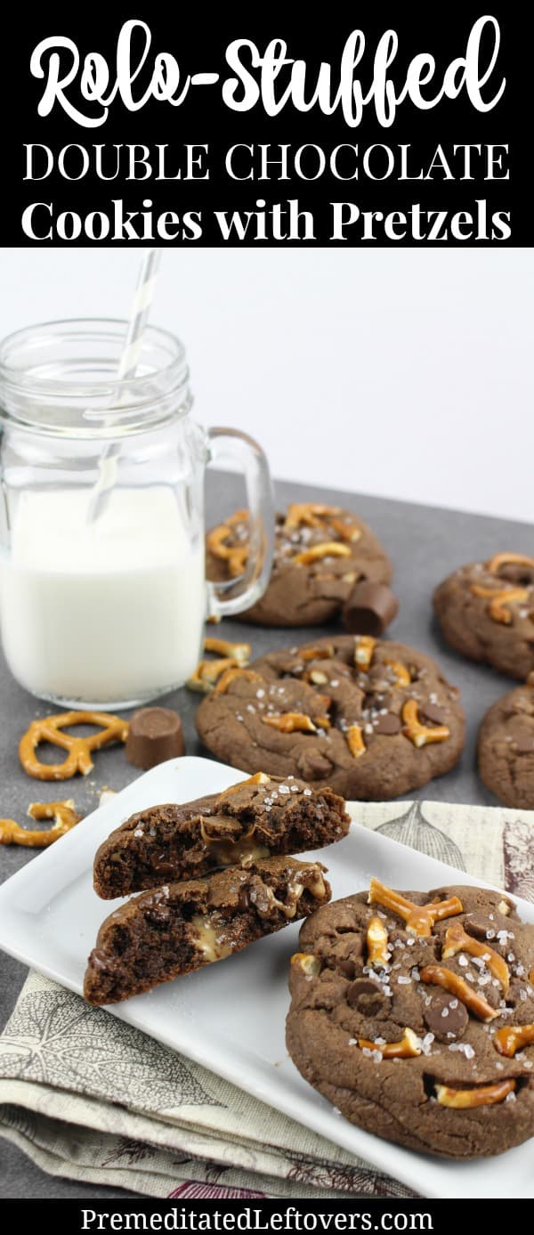 Rolo-Stuffed Double Chocolate Cookies with Pretzels