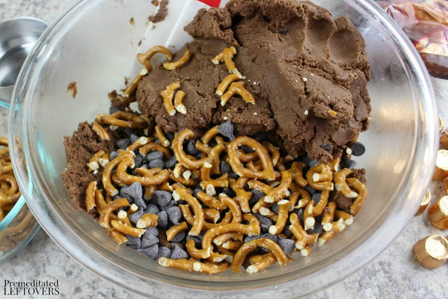 Add pretzels and chocolate chips to cookie mixture