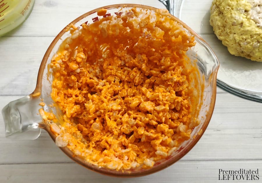 Add orange food coloring to Rice Krispie mixture