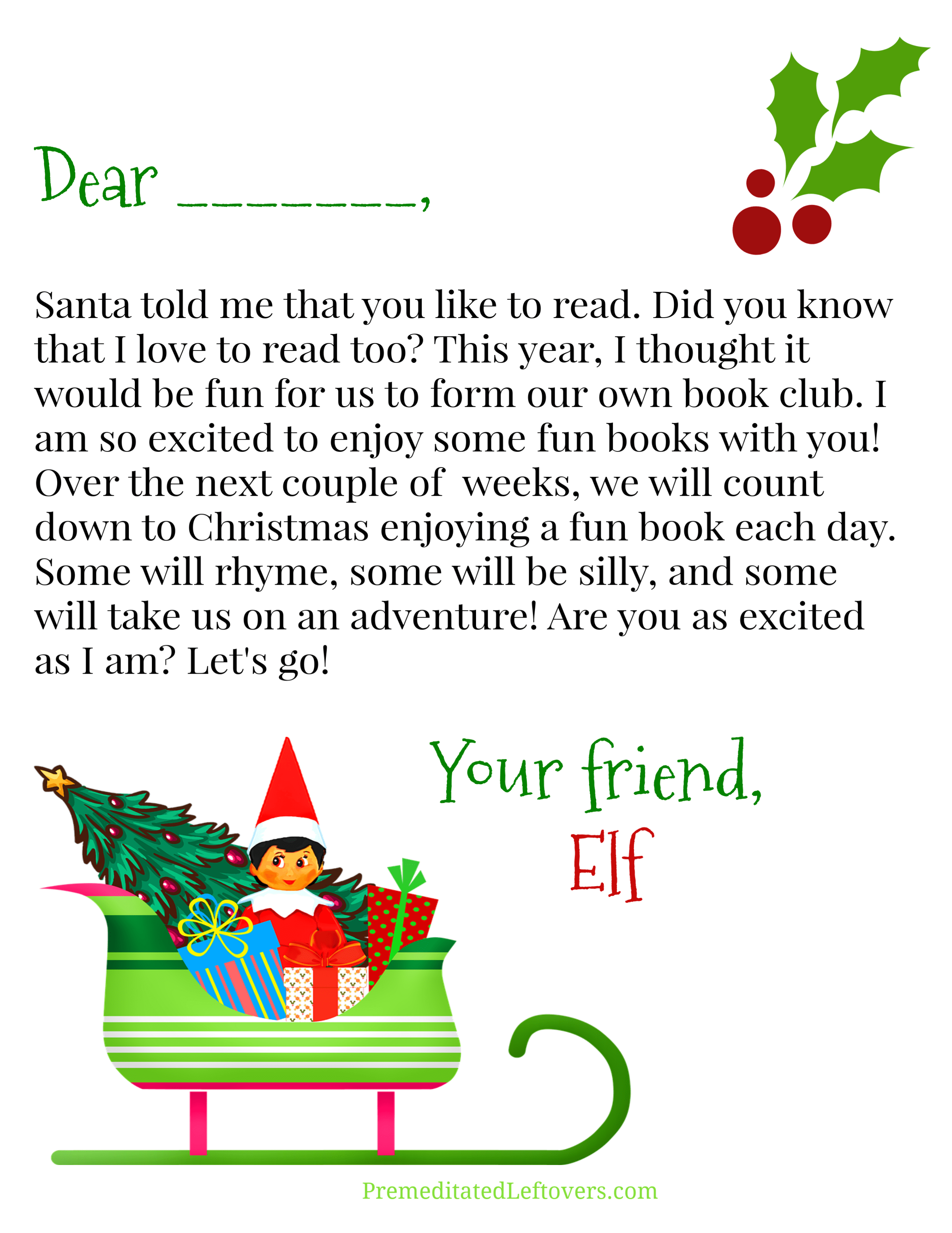 Elf on the Shelf Book Club Welcome Letter - signed by Elf