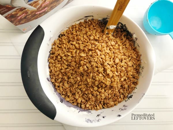 How to make lump of coal rice krispie treats with cocoa krispies.