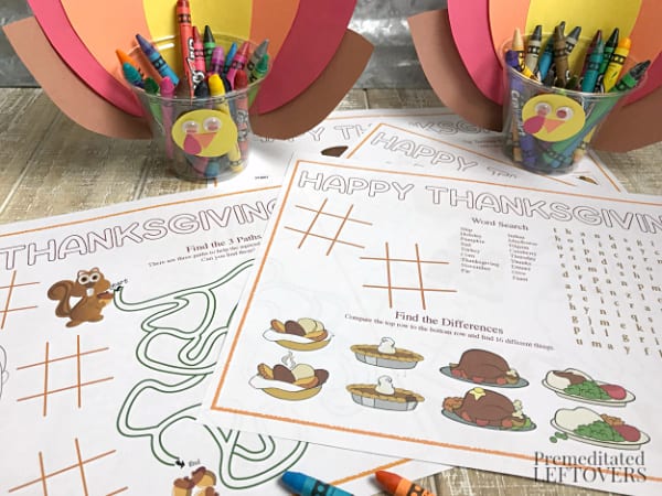 turkey crayon cups and coloring and activity placemats