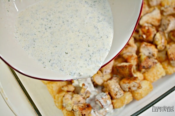 Pour the Ranch dressing mixture over the chicken and tater tots.