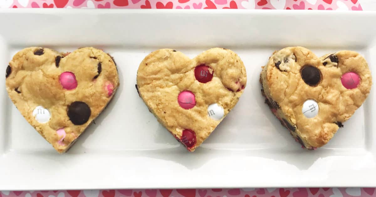 Heart-Shaped Chocolate Chip Cookie Bars recipe with M&Ms