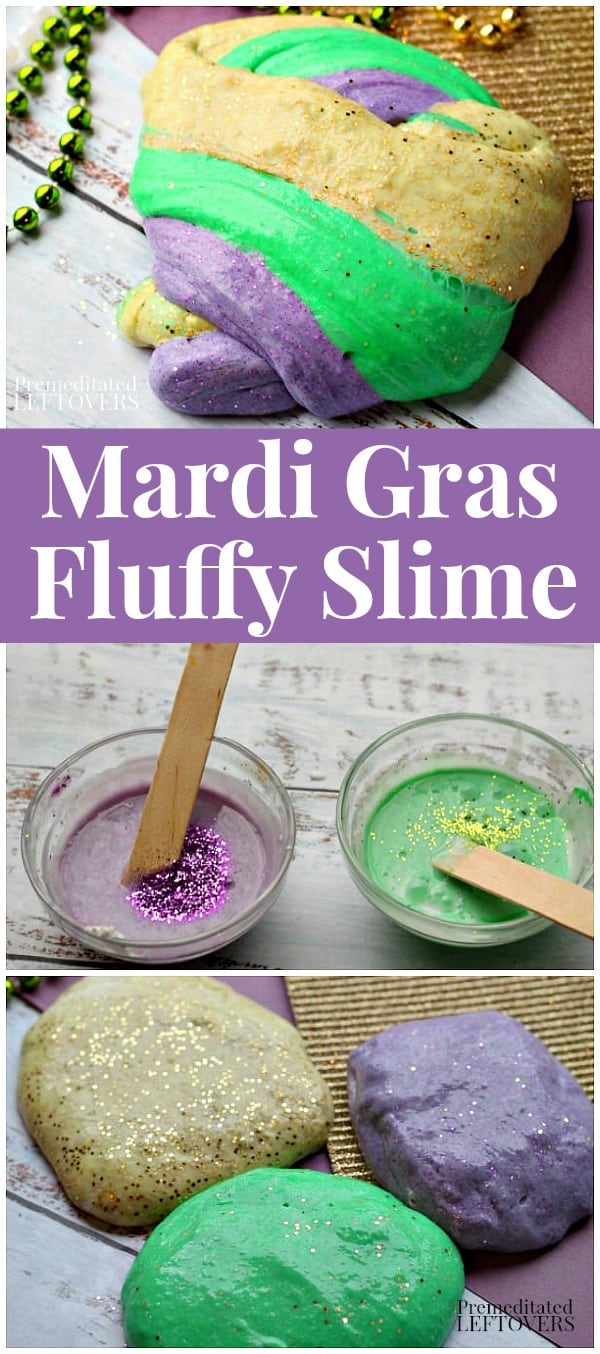 Mardi Gras Fluffy Slime Recipe with glitter
