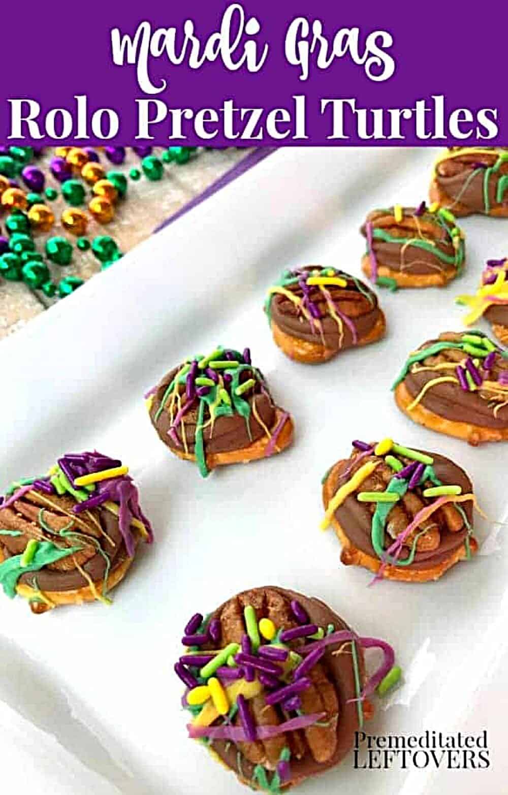 Colorful chocolate covered Rolo preztel turtles for colered for Mardi Gras