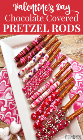 Valentine's Day Chocolate Covered Pretzel Rods with heart sprinkles