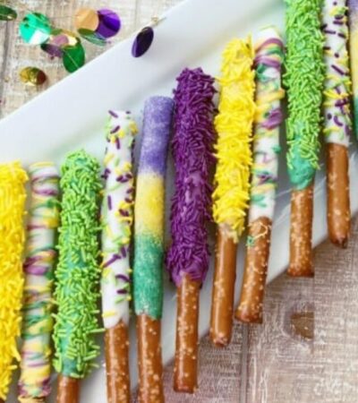 mardi gras chocolate dipped pretzel