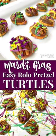 This Mardi Gras Rolo pretzel turtles recipe is a quick and easy treat for Fat Tuesday!